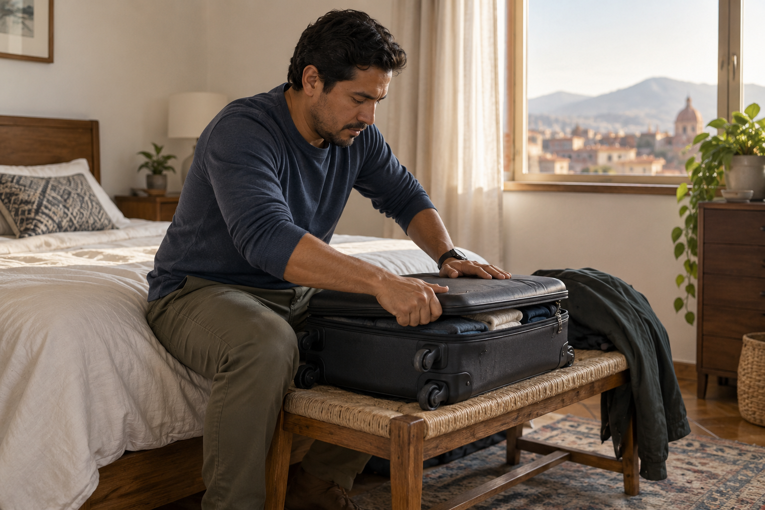 A man securing cash and cards for international travel