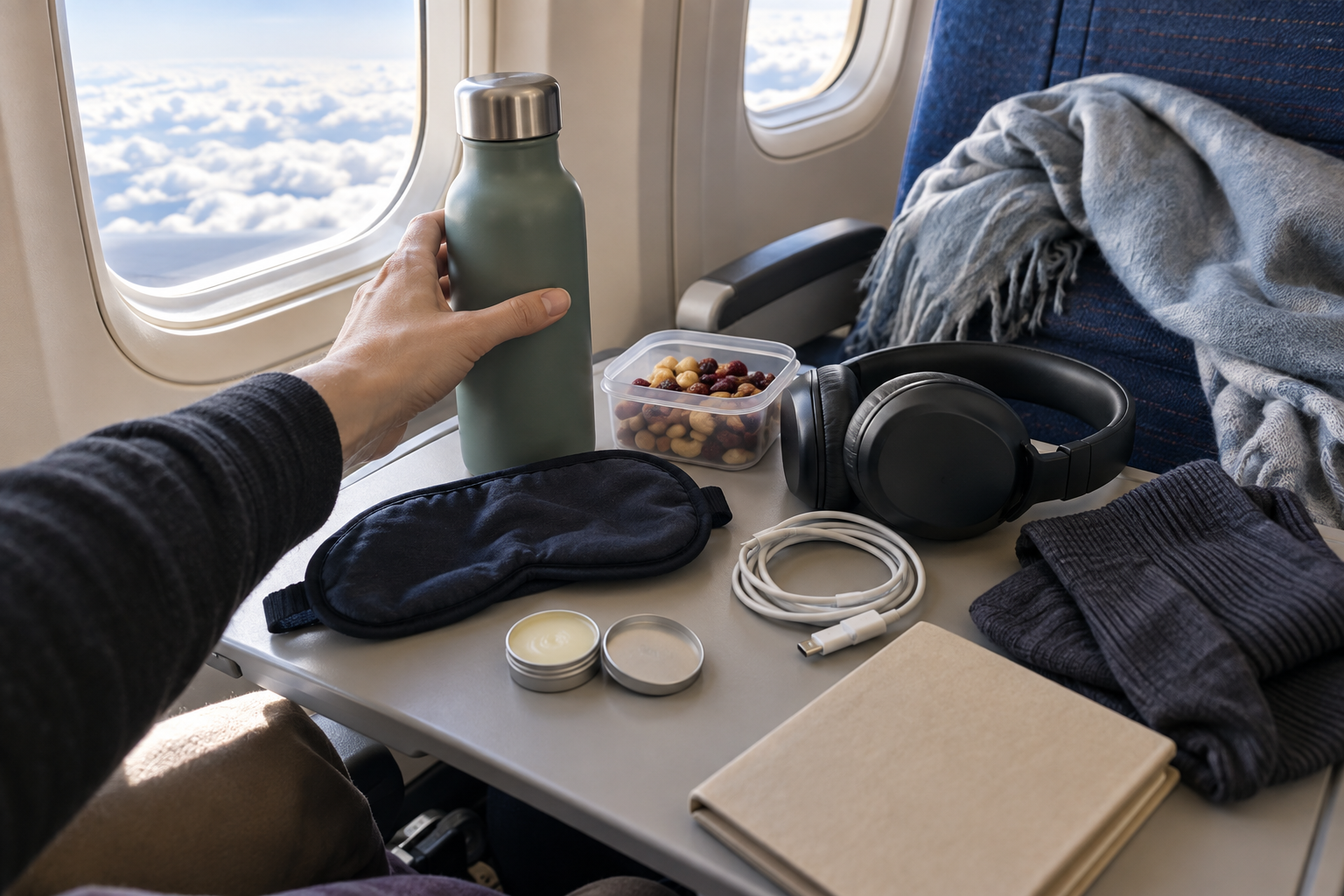 A traveler stretching during a long international flight
