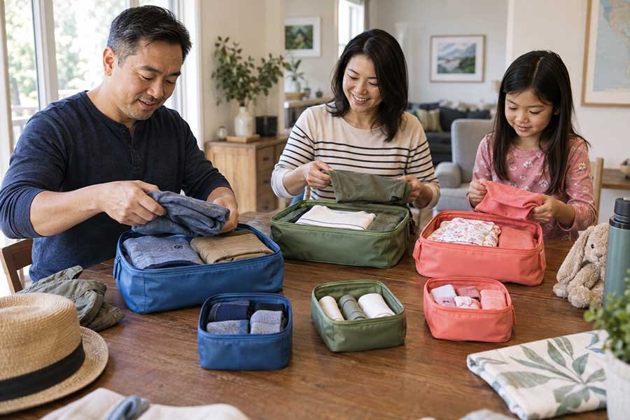 A suitcase with cubes for clothes and loose items for everything else
