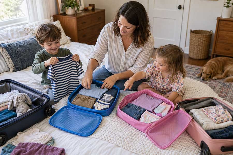 A parent packing for a trip with kids
