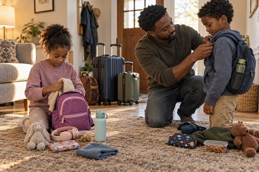 A small flight kit packed with quiet toys and snacks for a kid