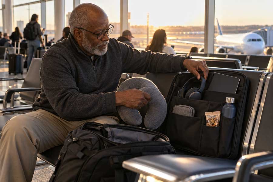 A well-packed personal item bag for a long flight