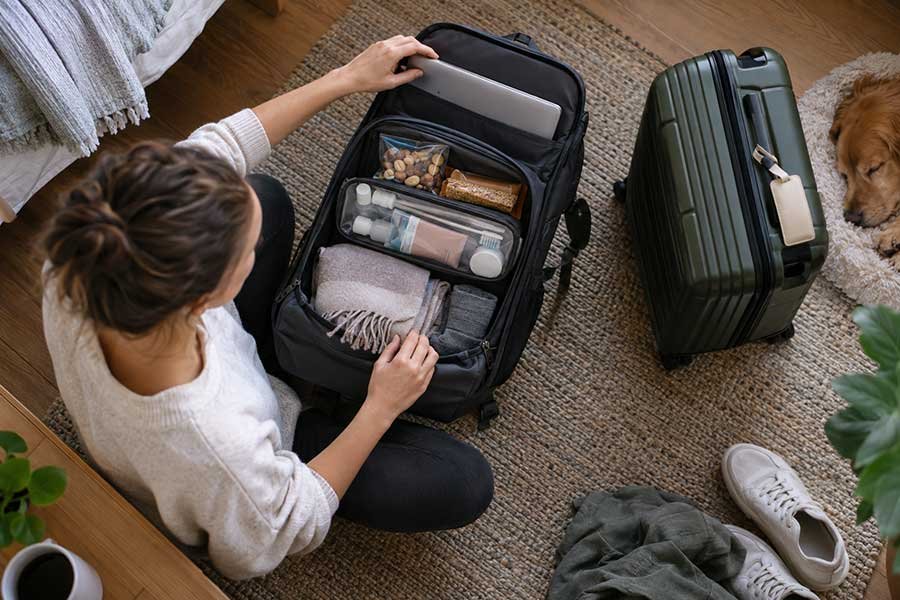 A personal item bag split into a flight zone and a landing zone
