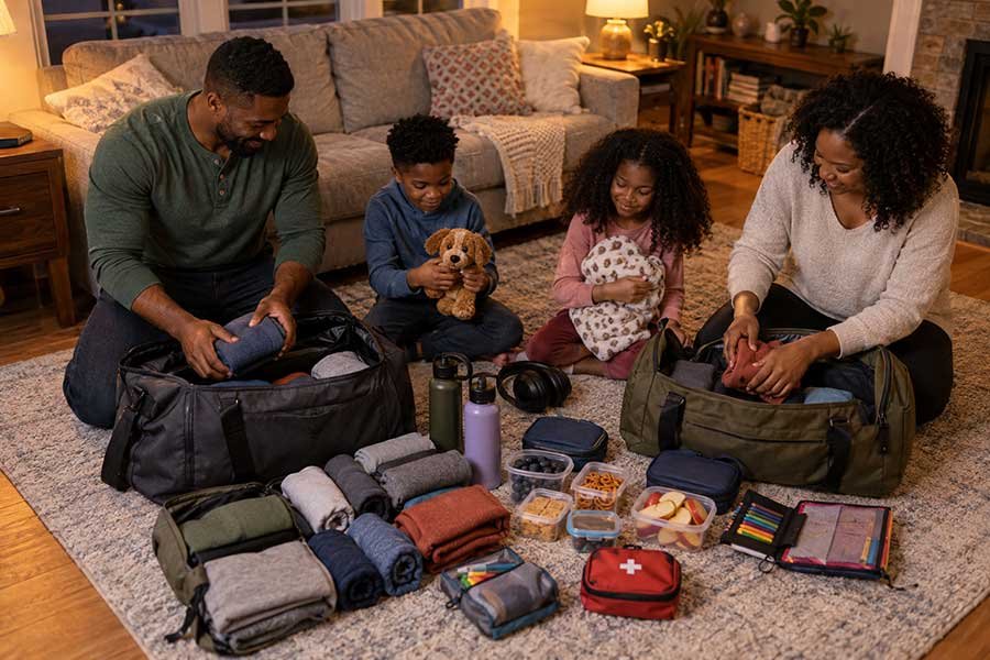 A parent checking a car seat before a road trip