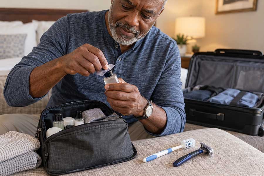 Toiletries packed for a carry-on bag