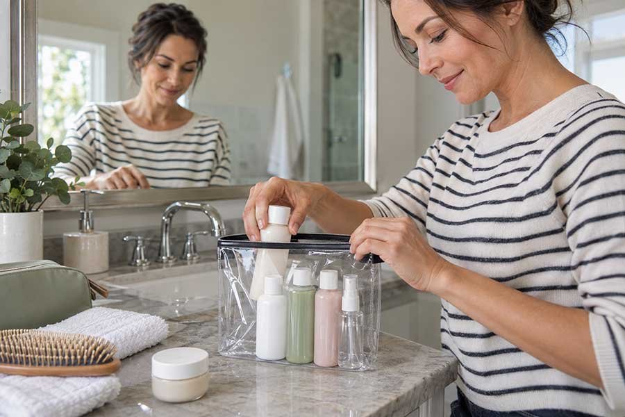 Solid toiletry bars packed in a carry-on bag