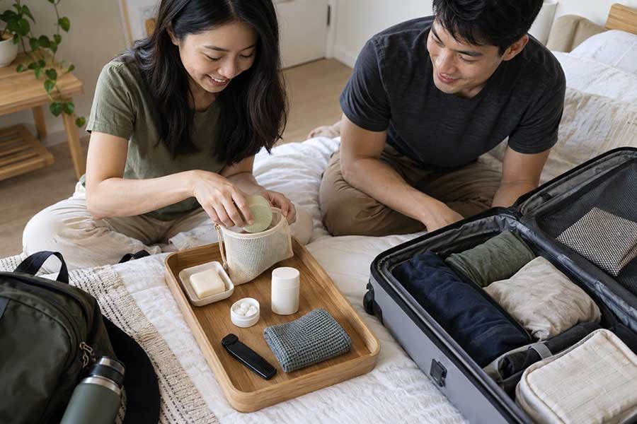 Multi-use travel toiletries packed for a trip
