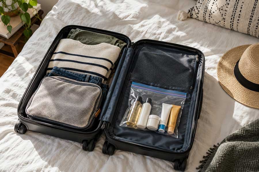 Quart-size bag of travel-size toiletries ready for TSA screening