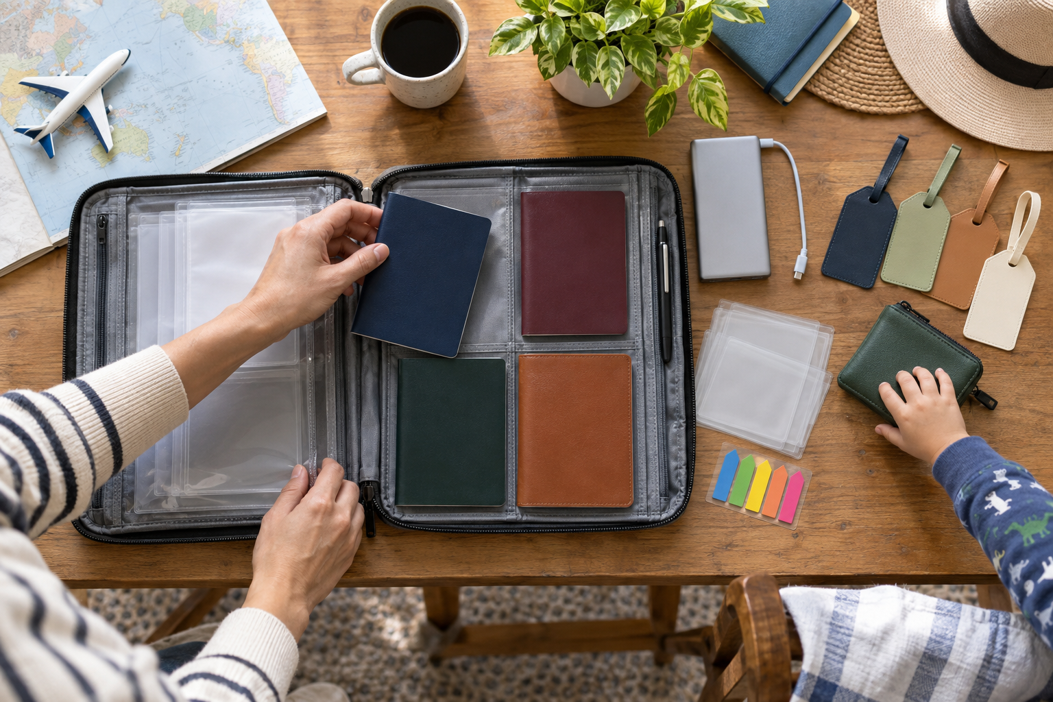 A family organizing travel documents before a trip