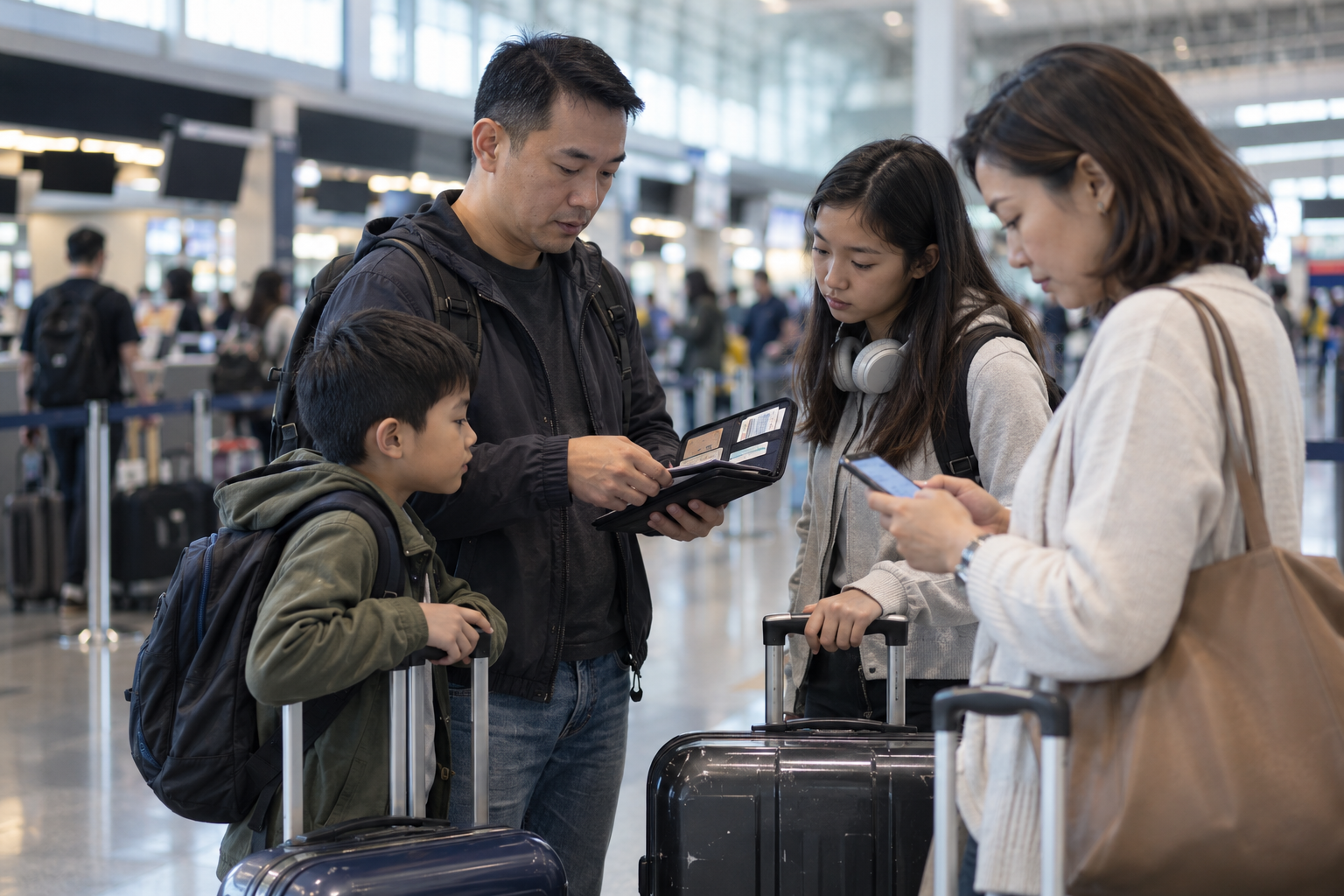 A family's travel documents organized into separate folders