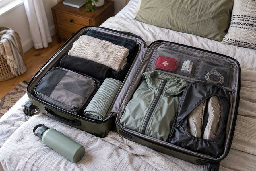 Travel gear essentials laid out including a lock, adapter, and packing pouches