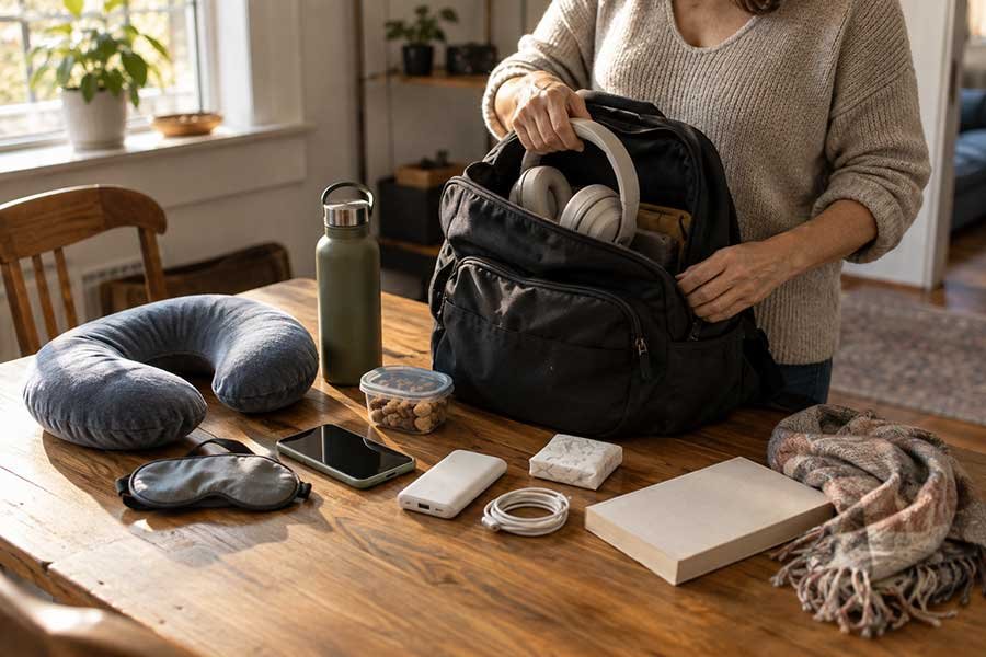 Travel pillow, blanket, and eye mask packed for flight comfort