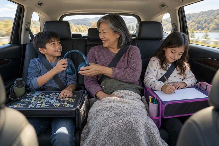 A kid looking out the window during a road trip to help with motion sickness