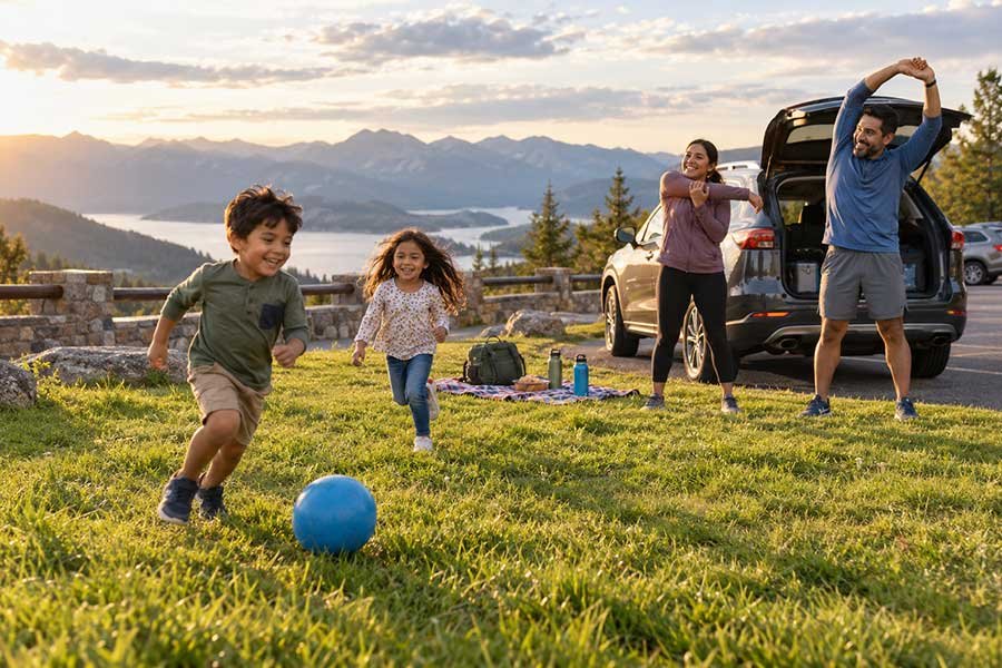 A family taking a planned bathroom break during a road trip