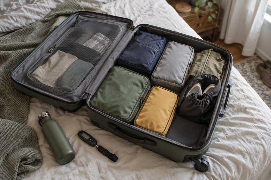 Organized travel folder with documents, tickets, and a phone showing a trip itinerary