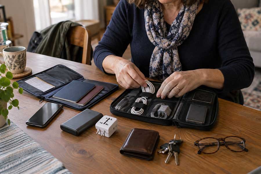 Suitcase organized by category with clothing sorted into sections