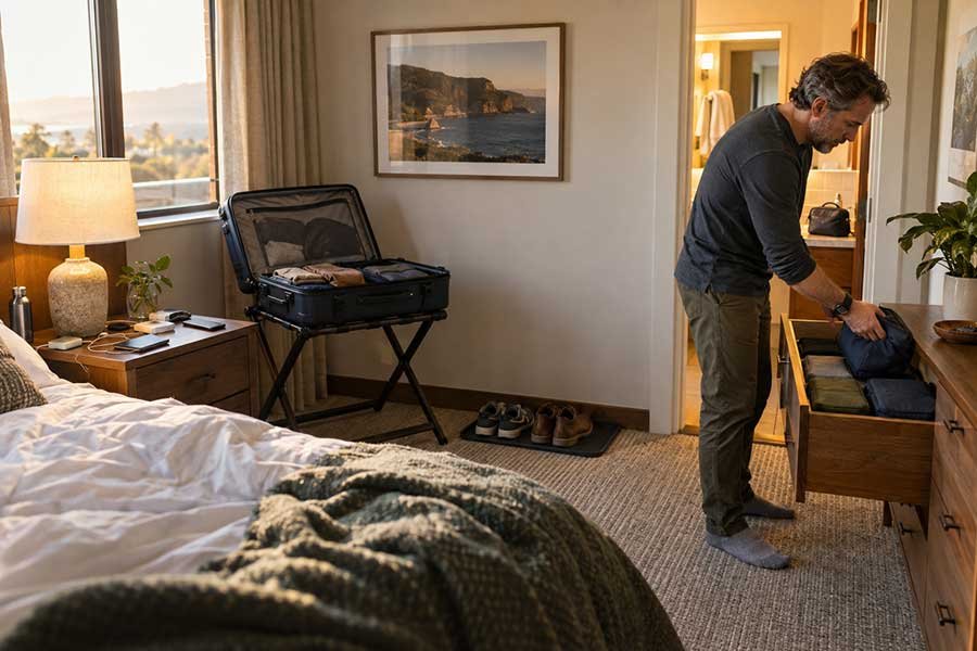 Traveler sorting receipts and photos after returning from a trip