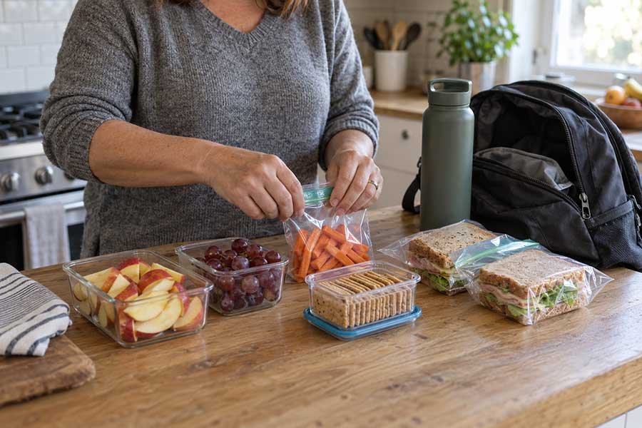 Assortment of travel snacks packed for an airplane trip through TSA security