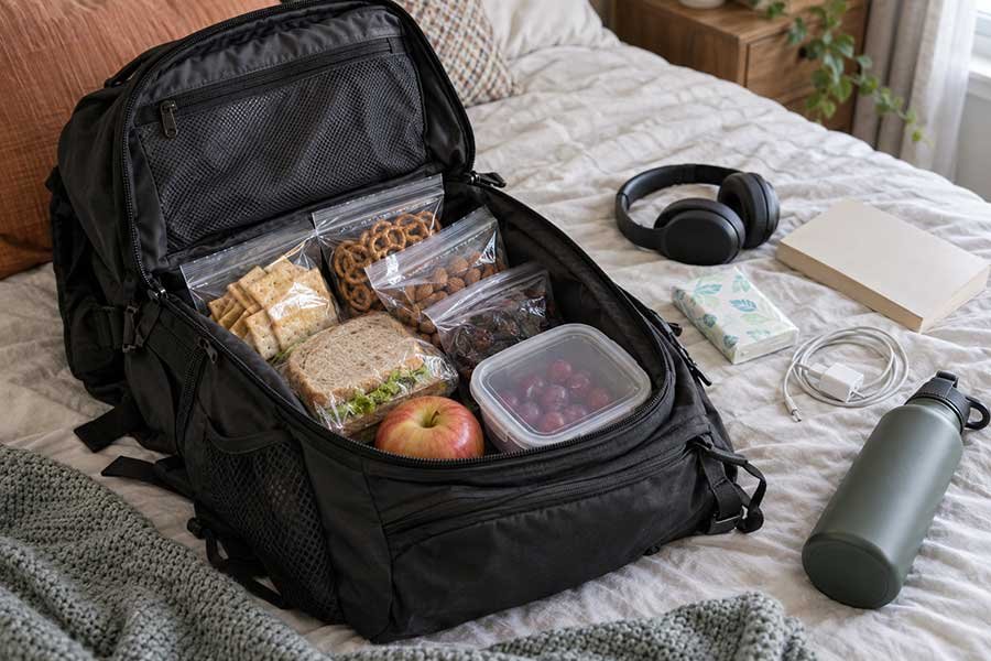 Travel-size containers of peanut butter, hummus, and yogurt packed in a clear TSA bag
