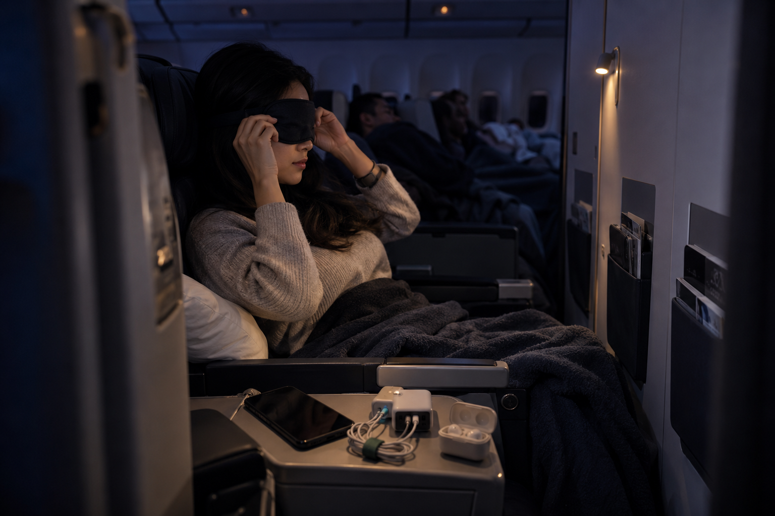 A traveler organizing tech and gadgets for a long flight