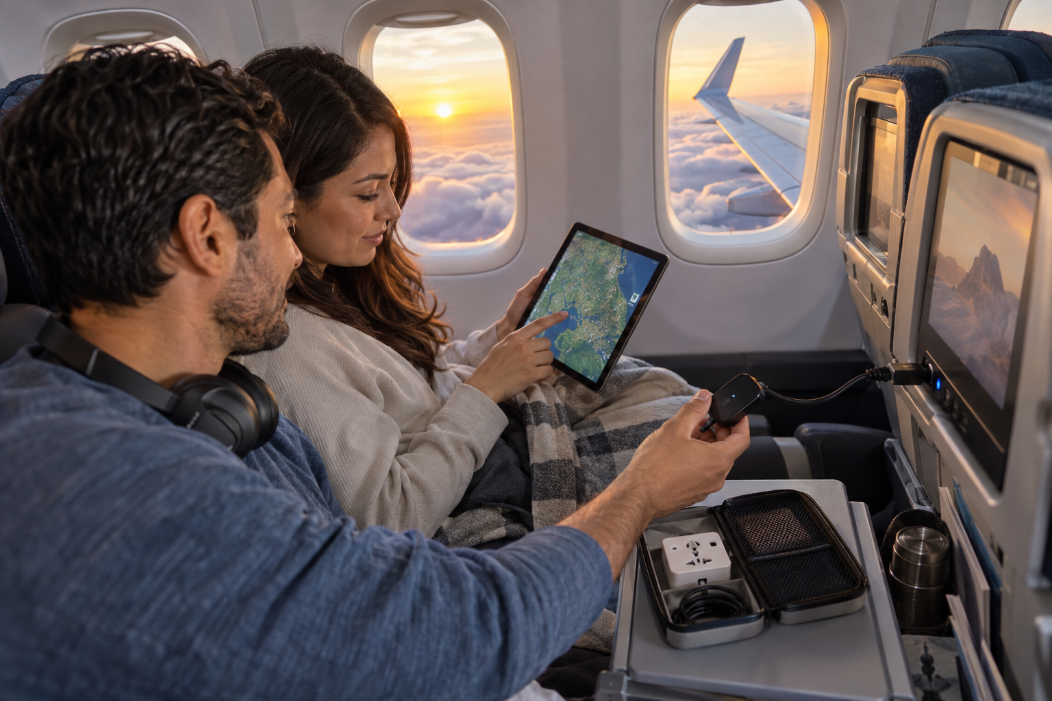 A traveler reading on an e-reader during a long flight