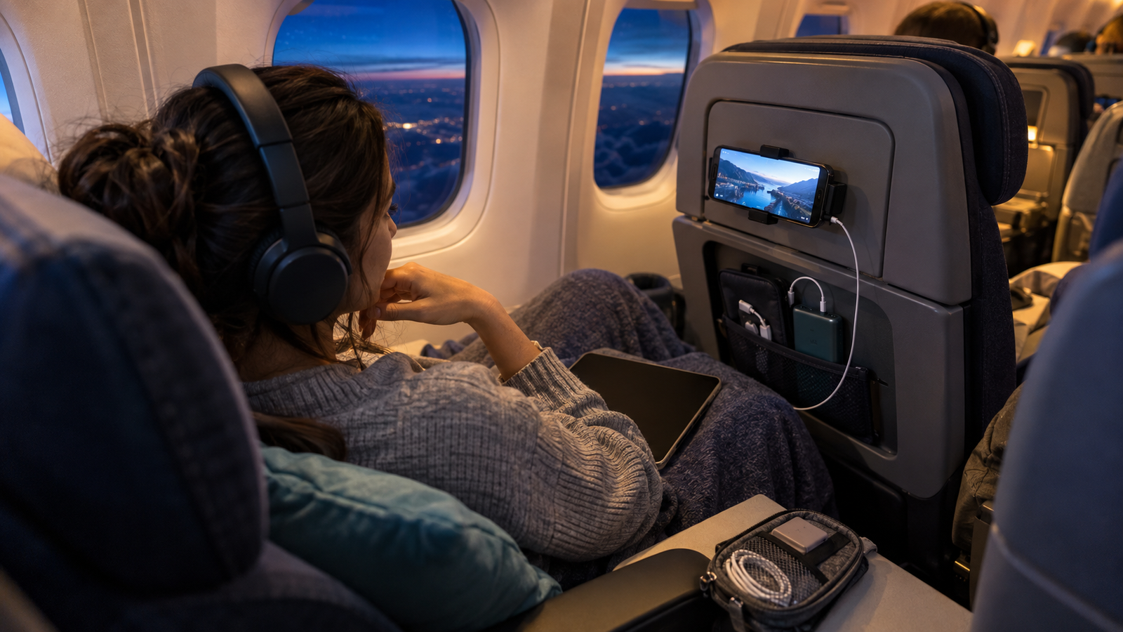 A traveler backing up photos to the cloud before a flight