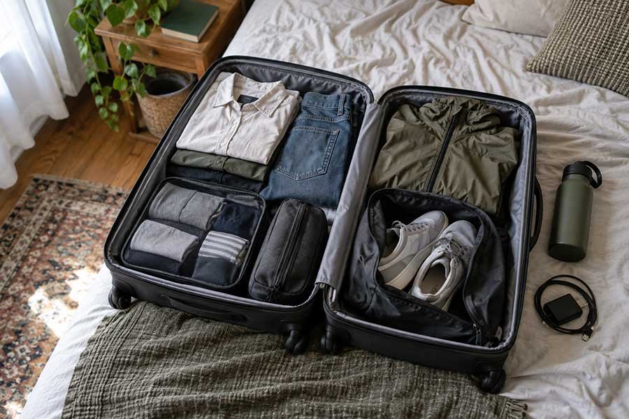 Open suitcase with clothing, documents, and travel essentials laid out for a beginner traveler