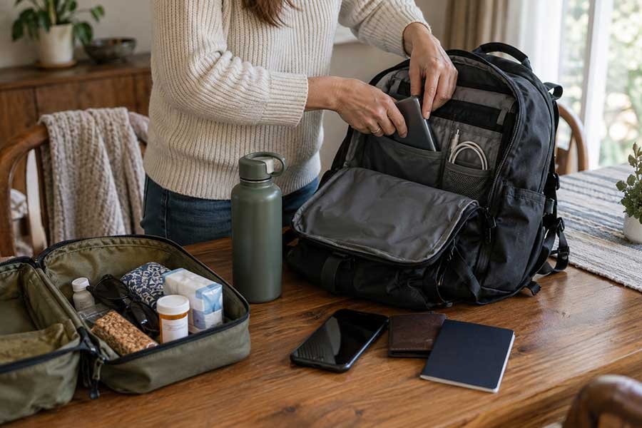 Travel-size toiletries and a first aid kit packed for a beginner trip
