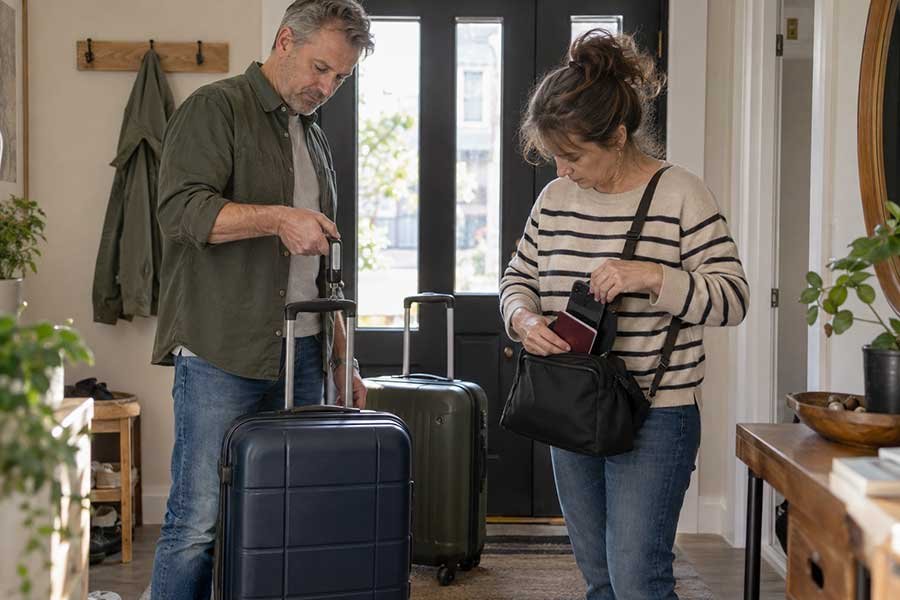 Packed carry-on bag with a water bottle, snacks, and headphones for a beginner traveler