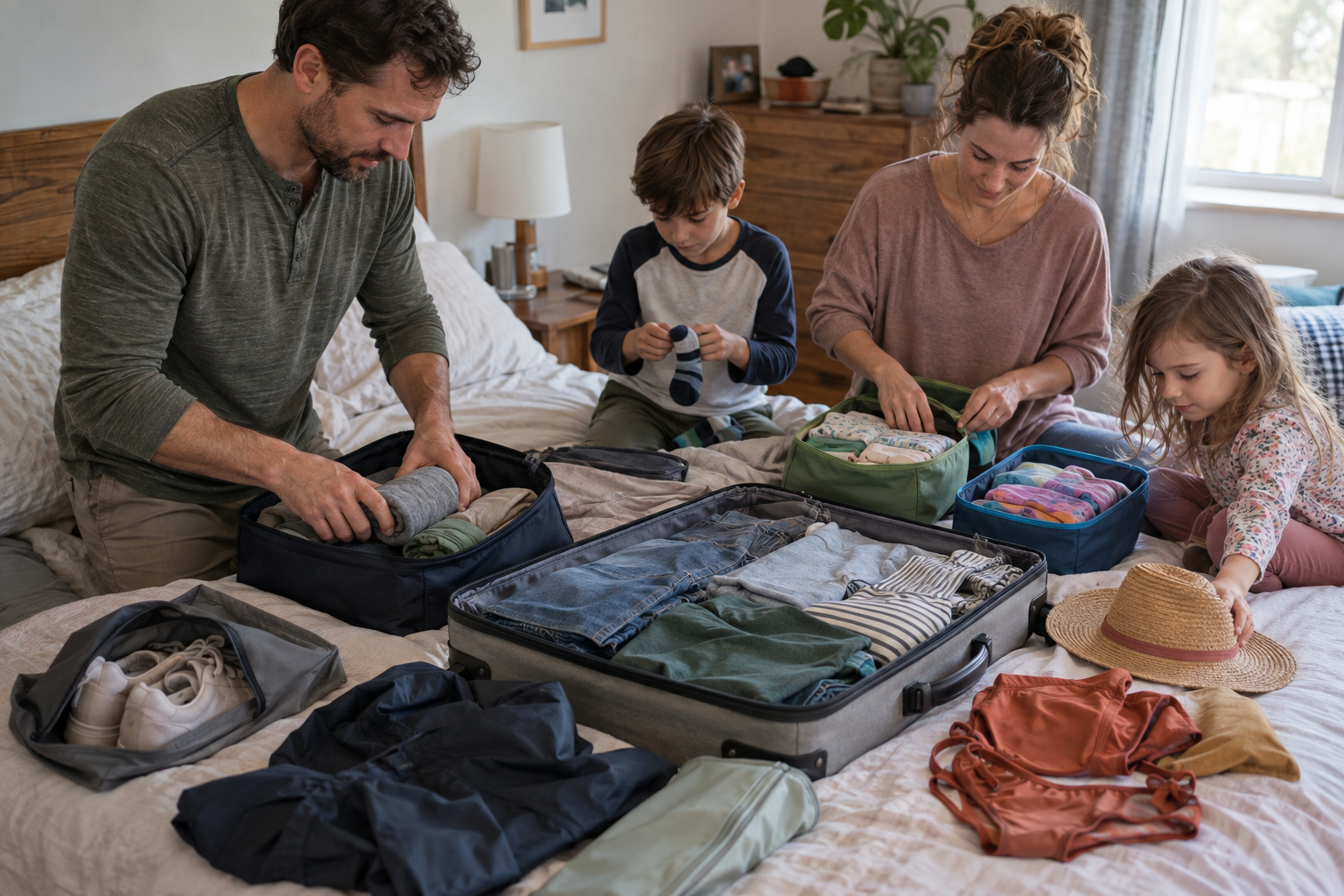 Family packing suitcases together for a vacation with clothing and toys laid out