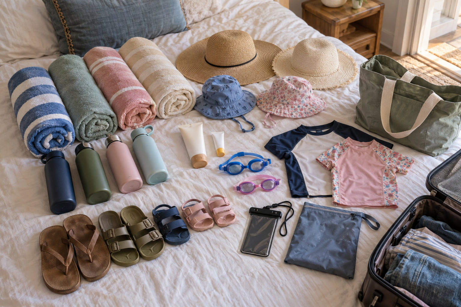 Family first aid kit and toiletries packed for a vacation with kids