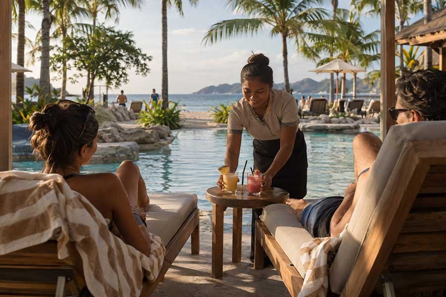 Private beach with included chairs and umbrellas at an all-inclusive resort