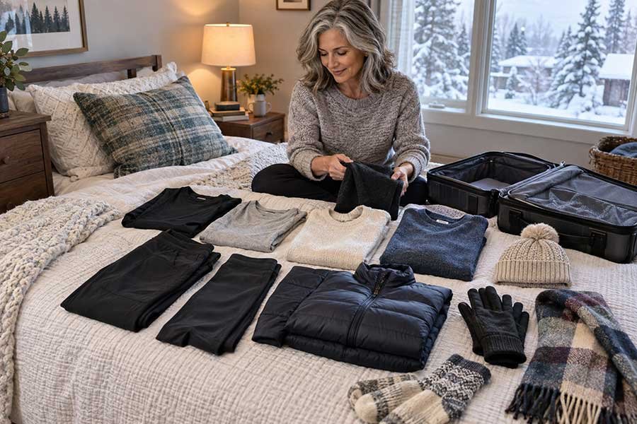 Winter clothing packed for a cold-weather vacation