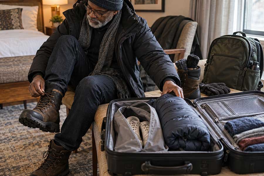 A traveler wearing a winter coat and boots for travel day