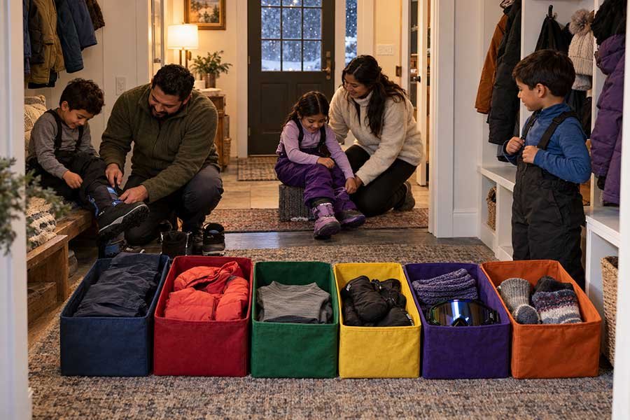 Winter boots with good traction packed for a cold-weather trip