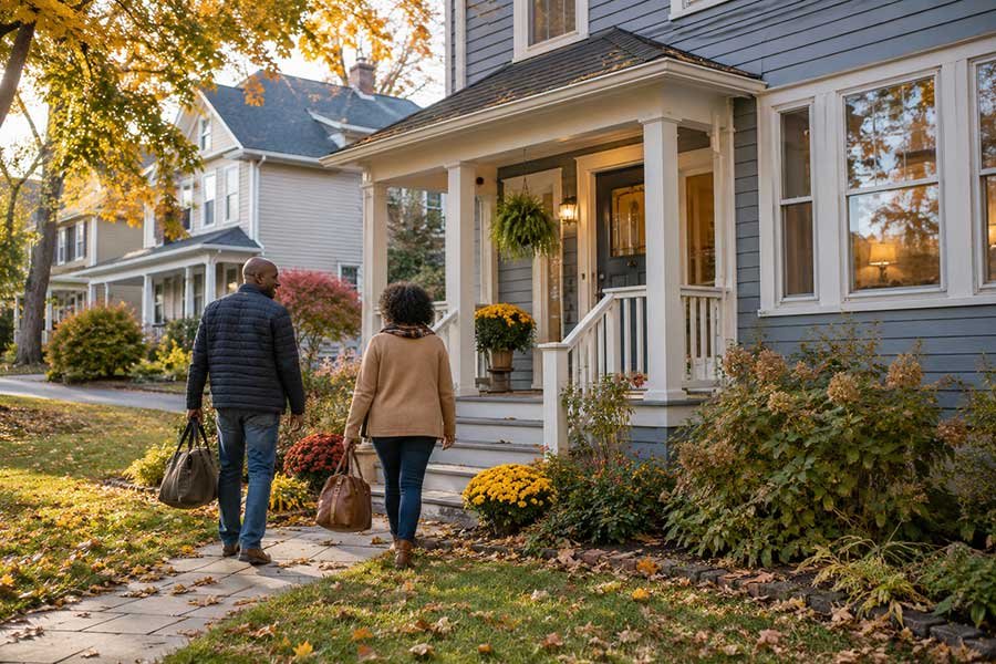 Travelers arriving at a cozy fall guesthouse with autumn leaves and warm light at the door