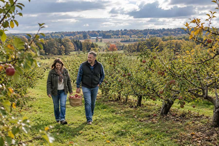 Couple on a quiet autumn walk through an orchard near a festival town
