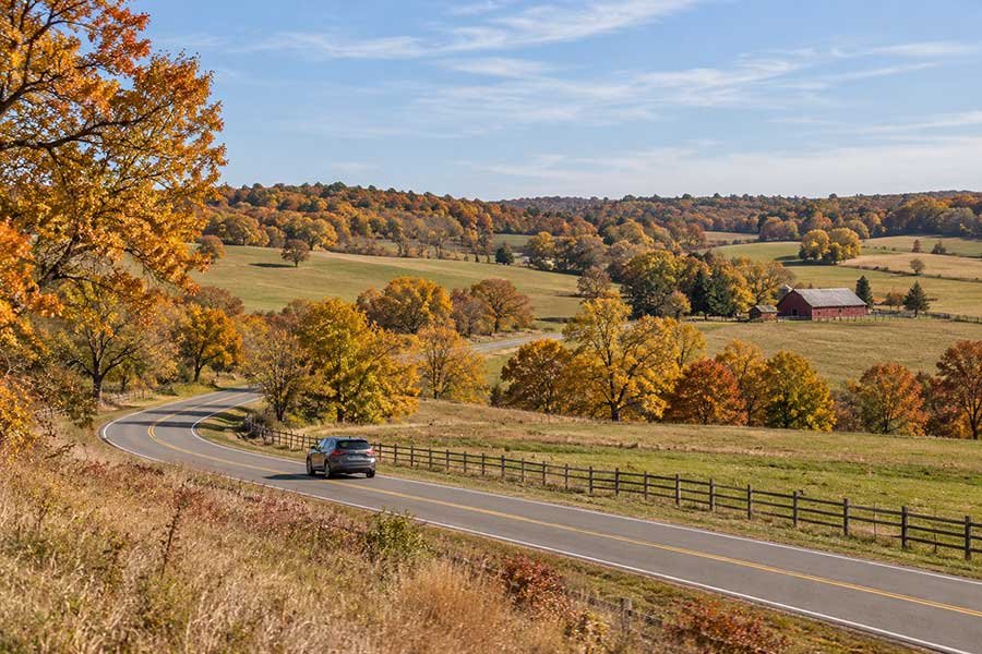Scenic autumn drive through farmland with golden fields and trees lining the road