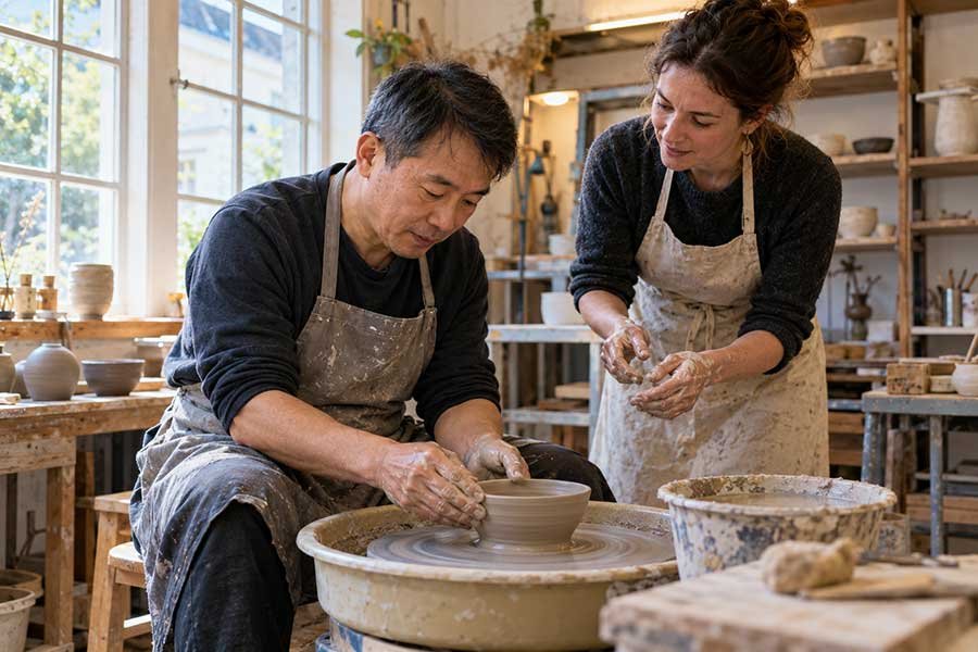 Traveler shaping clay in a hands-on pottery lesson at a small studio abroad