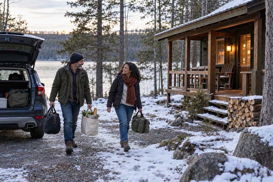 Quiet winter cabin with snow outside, a peaceful holiday getaway for one or two