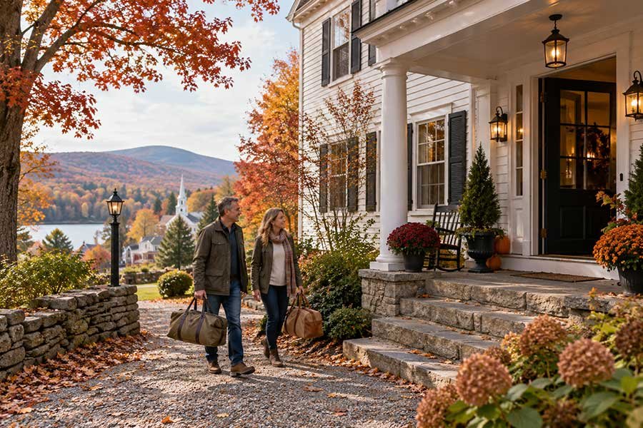 Travelers arriving at a cozy country inn on a quiet autumn afternoon for a weekend getaway