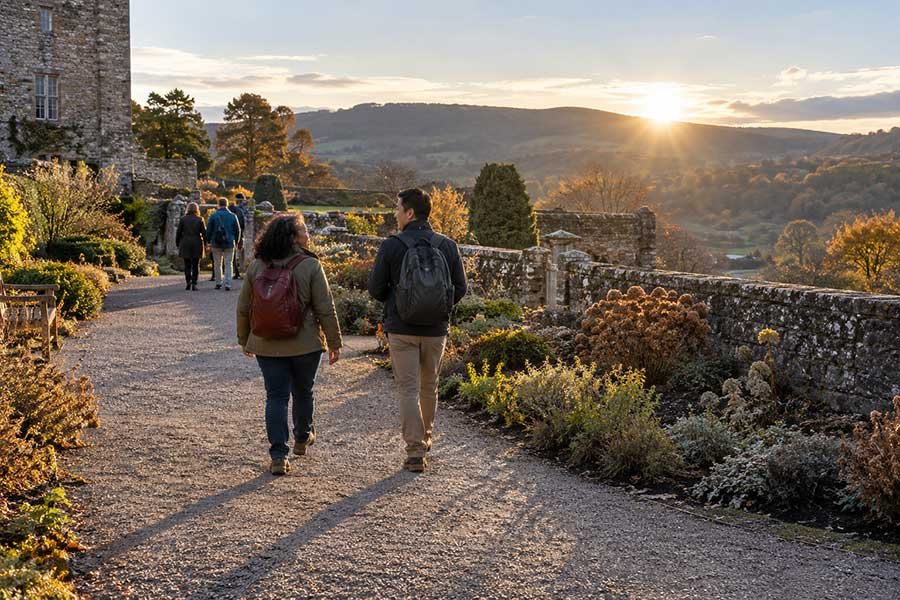 Autumn castle garden glowing in warm light shortly before sunset