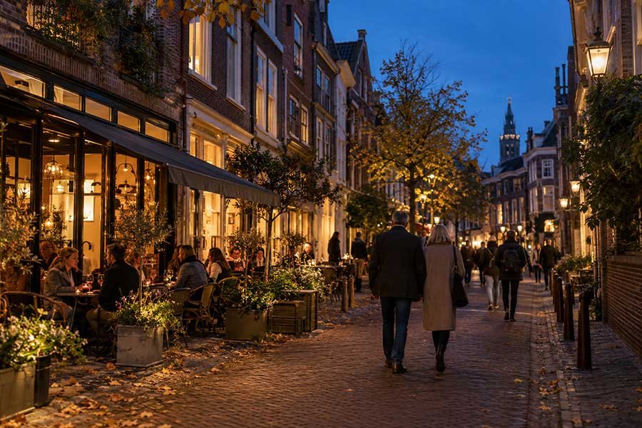 Couple on an autumn city stroll at blue hour with glowing streetlights and a deep blue sky