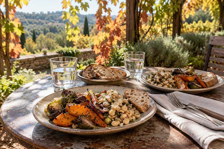 Travelers enjoying a leisurely garden lunch among autumn vines in wine country