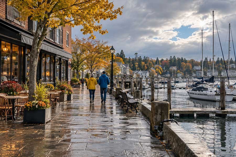 Autumn harbor under changing skies with boats and clouds breaking over the water