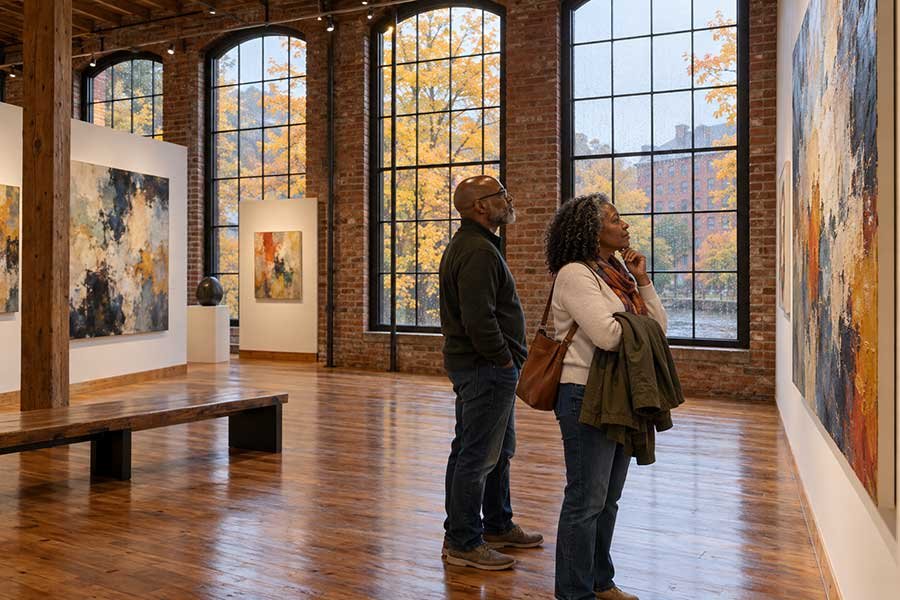 Travelers visiting a brick mill museum on a rainy autumn day in a historic city