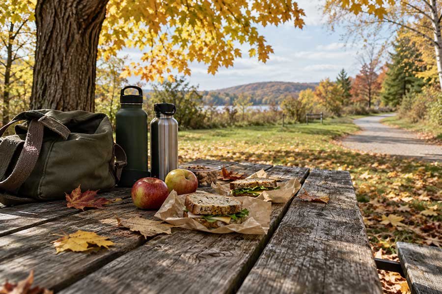 Picnic on a blanket at an autumn roadside stop with a view of colorful trees