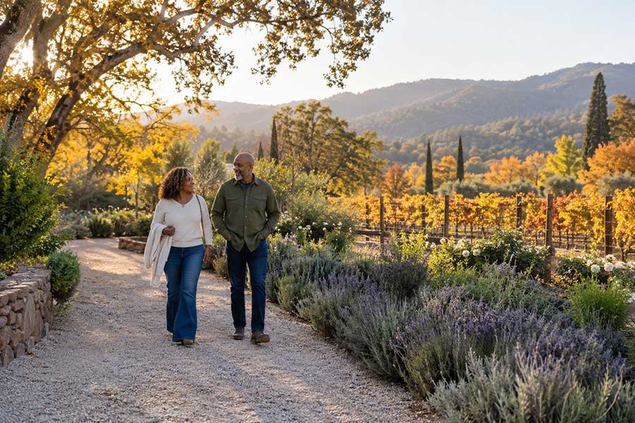 Couple strolling through wine country on an autumn afternoon among golden vines