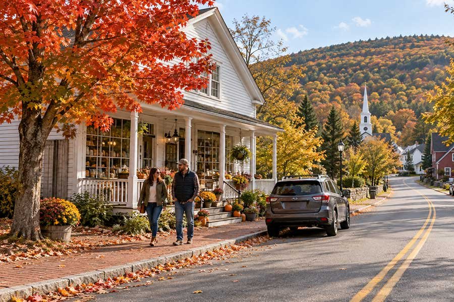 Traveler stopping at a small village general store surrounded by autumn color to ask about local foliage