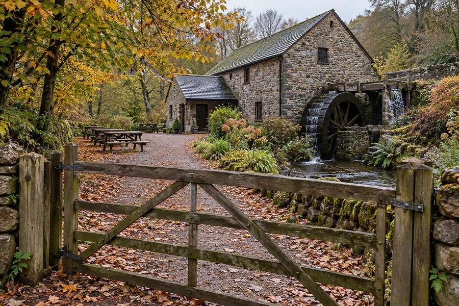 Historic watermill in autumn behind a closed gate with a seasonal closure sign